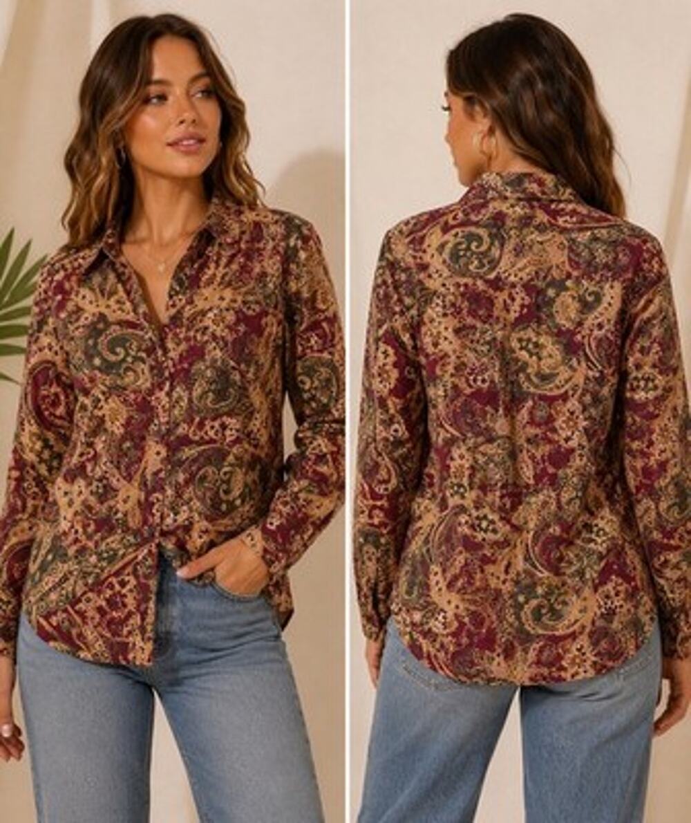 Chaps Womens Floral Burgundy Green Tan Button Up Cotton Shirt Size Large Preppy